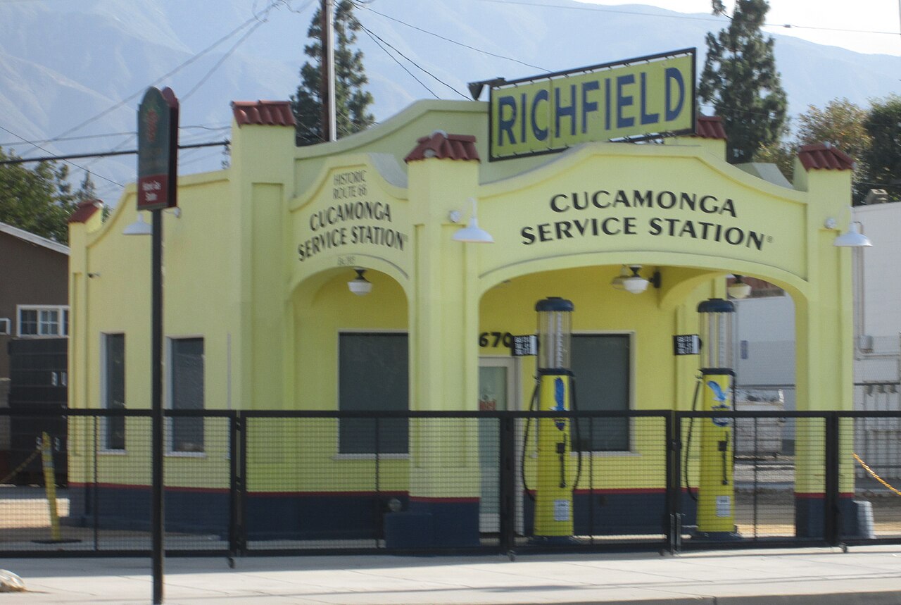 The restored Cucamonga Service Station, a 1940s gas station on historic Route 66 in Rancho Cucamonga